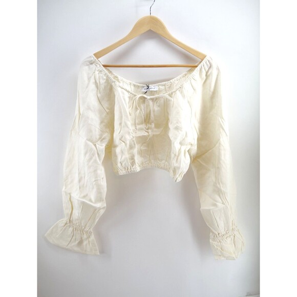WeWoreWhat On Off Shoulder Top Tie Front Linen Blend Whisper White Sz Medium New - Picture 2 of 10